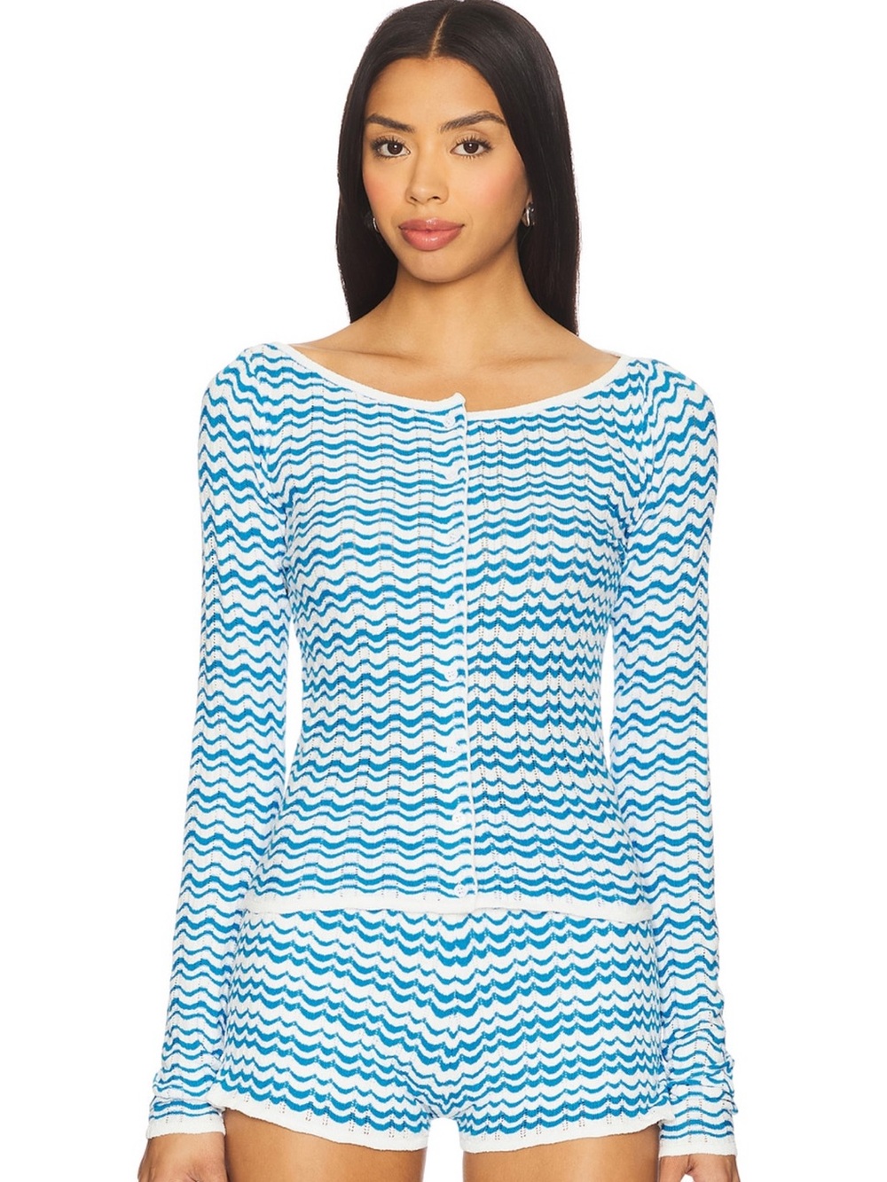 Amanda Uprichard Blue and White Wave-Print Long Sleeve Top and shorts set